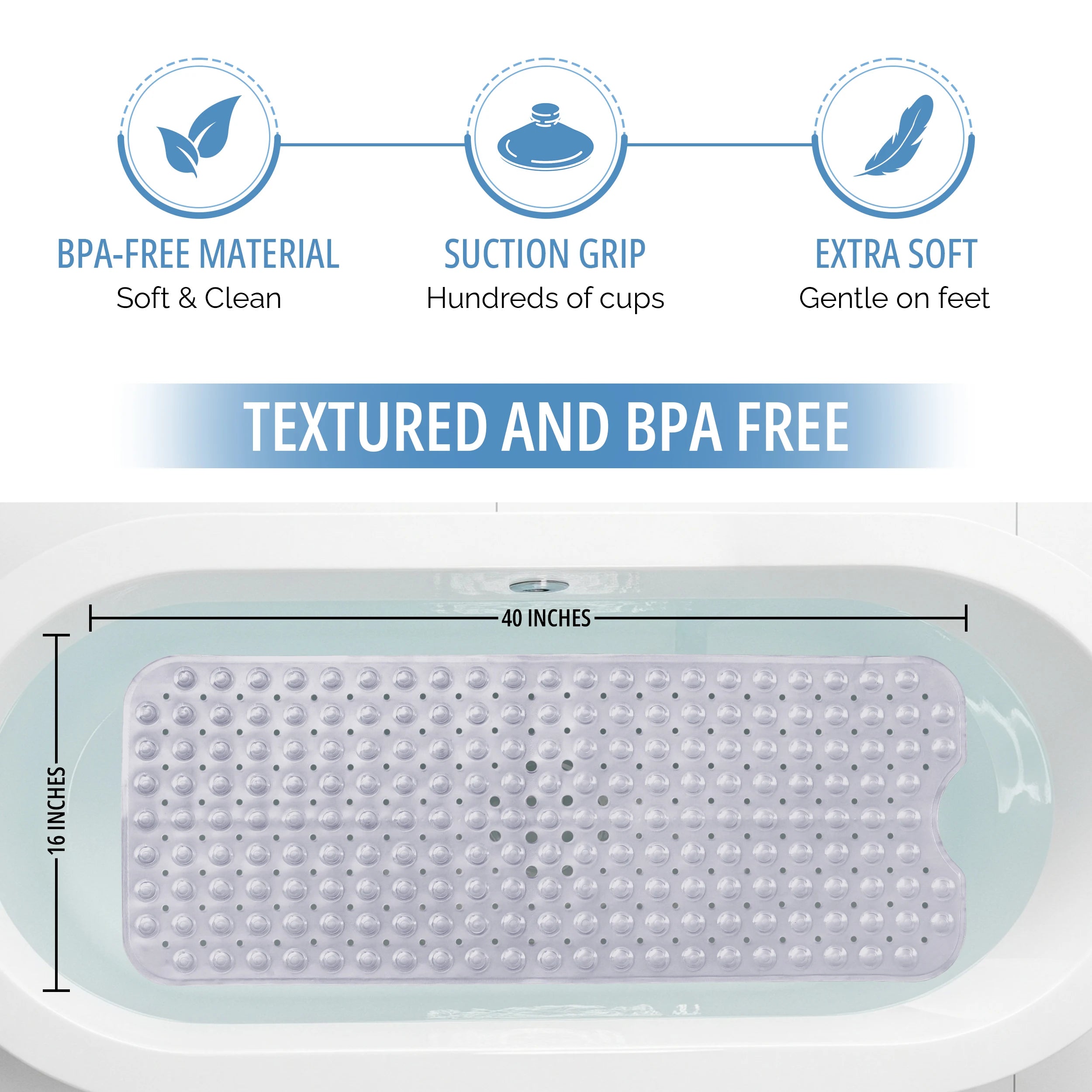 Lux Decor Collection Extra-Large 40x16" Bathtub Mat – Non-Slip Shower Mat with Suction Cups & Drain Hole-  Machine Washable Mat
