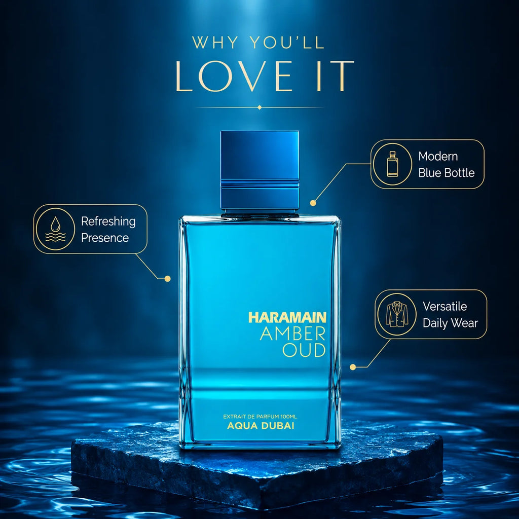 Al Haramain Amber Oud Aqua Dubai Extrait de Parfum, Fresh Vibrant Coastal Fragrance, Aquatic Citrus Amber Woody Scent, Bright Blue Premium Bottle for Summer Days, Resort Wear and Daytime Occasions