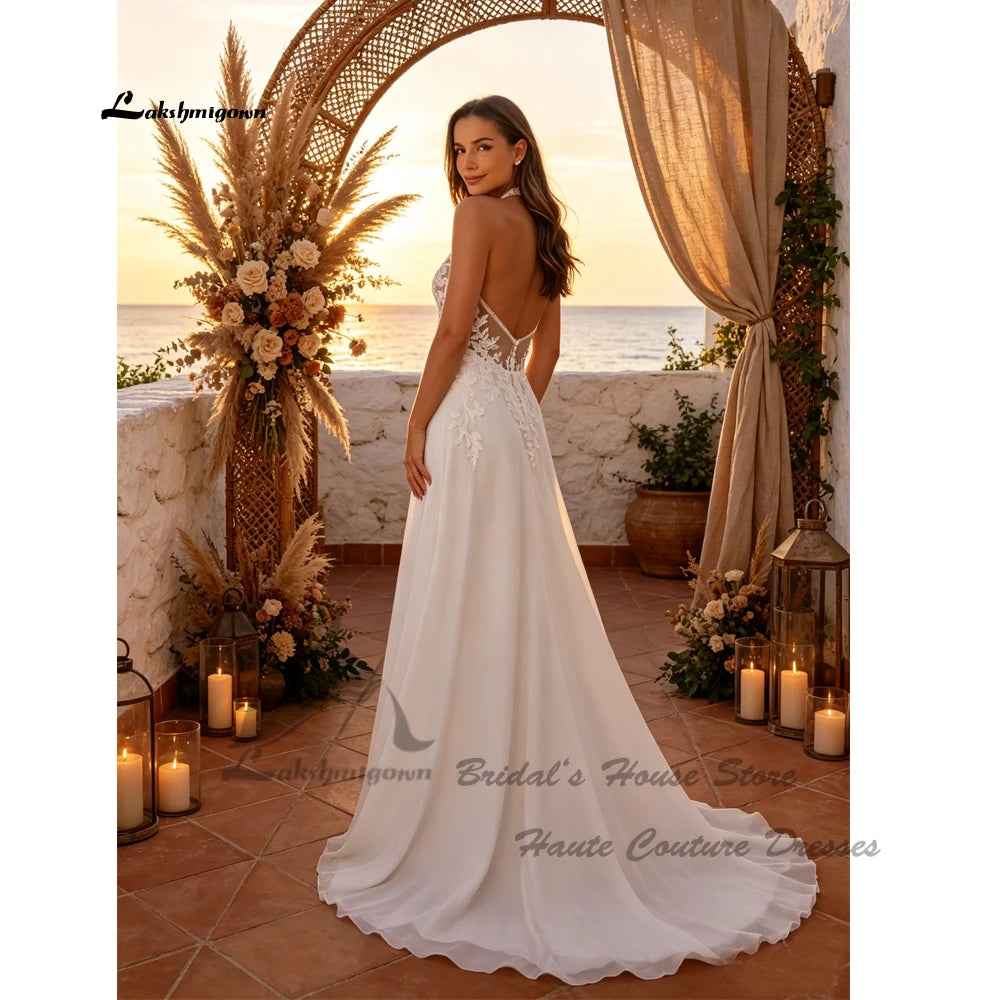 Lakshmigown Halter Beach Wedding Dress 2027 Backless Floral Lace Chiffon Slit A Line Bohemian Beach Bridal Gowns Customized