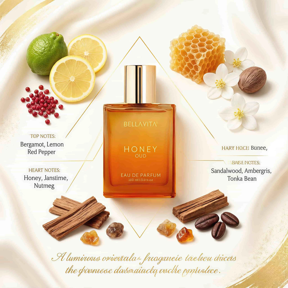 BELLAVITA LUXURY HONEY OUD light essence spray 3.4 oz 100 ml, sweet honey ebony top note honey+saffron middle note ebony+rose, lasting 6-8 hours, a warm choice for daily work/dating