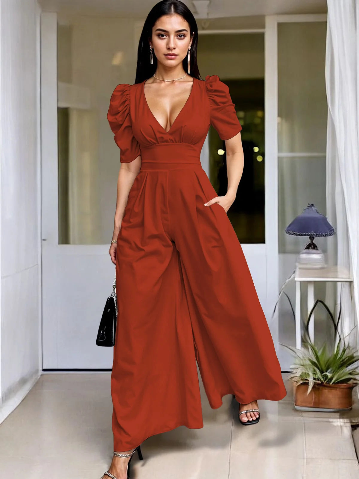 Wide Leg Jumpsuit V Neck Puff Sleeve Casual for Women