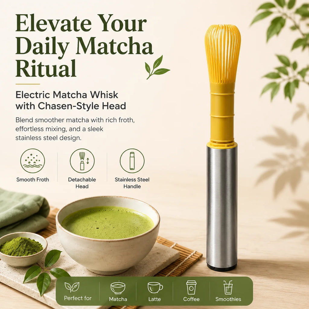 Portable USB Rechargeable Matcha Mixer with Bamboo-Style Whisk Head and Protective Storage Cover for Green Tea Preparation