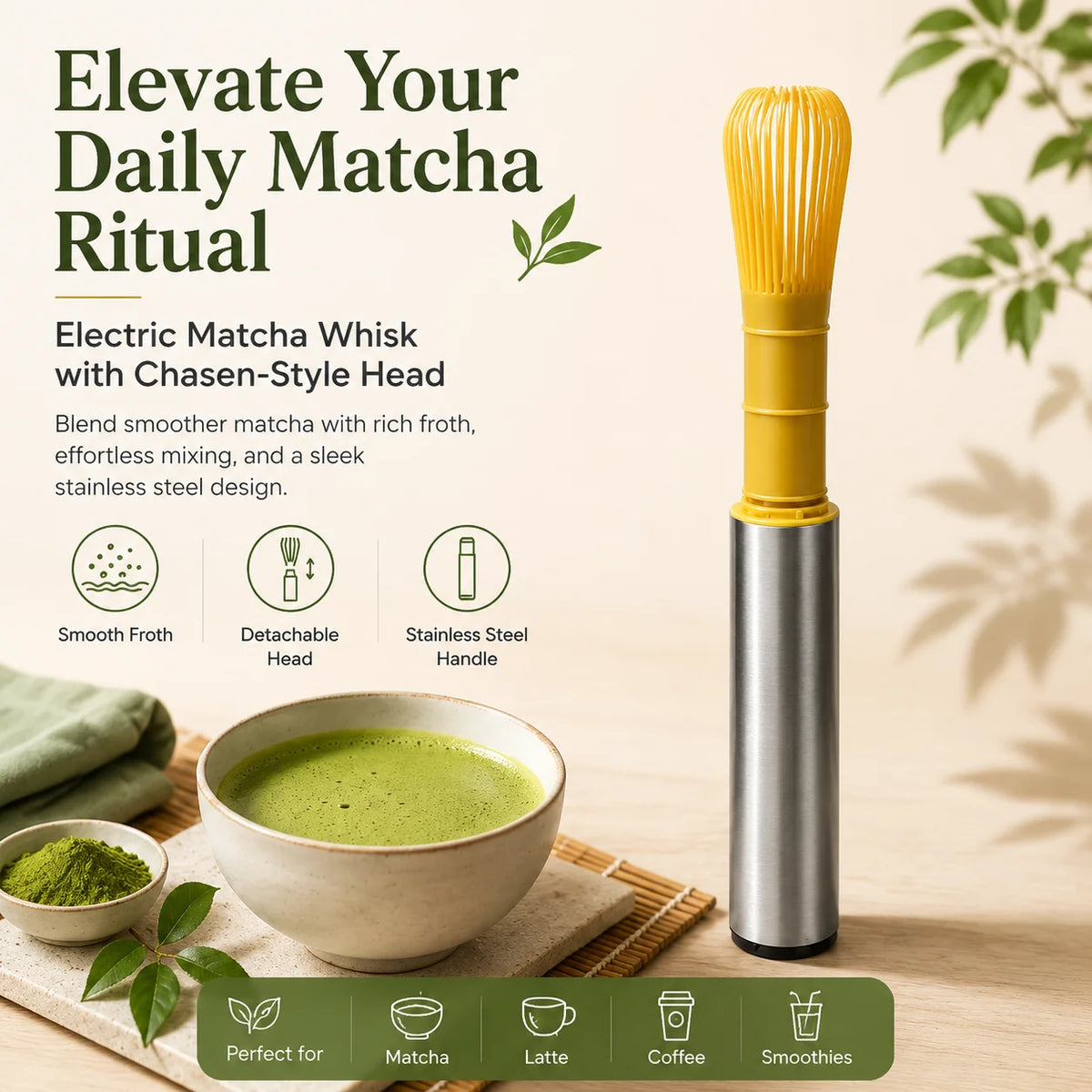 Portable USB Rechargeable Matcha Mixer with Bamboo-Style Whisk Head and Protective Storage Cover for Green Tea Preparation
