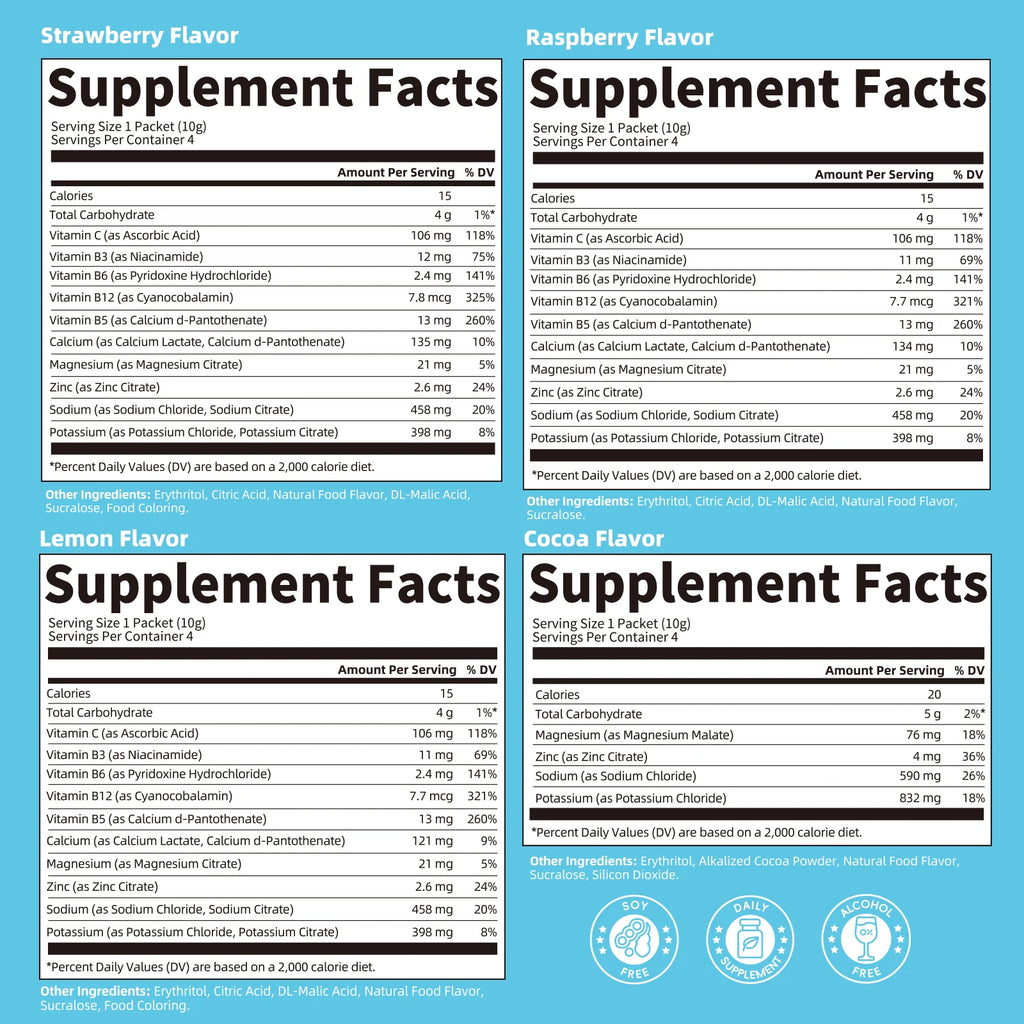 Electrolyte Powder Sugar Free & 0 Calories Mixture Electrolyte Drinks Quickly Hydrate Provide Endurance & Energy Support Non GMO