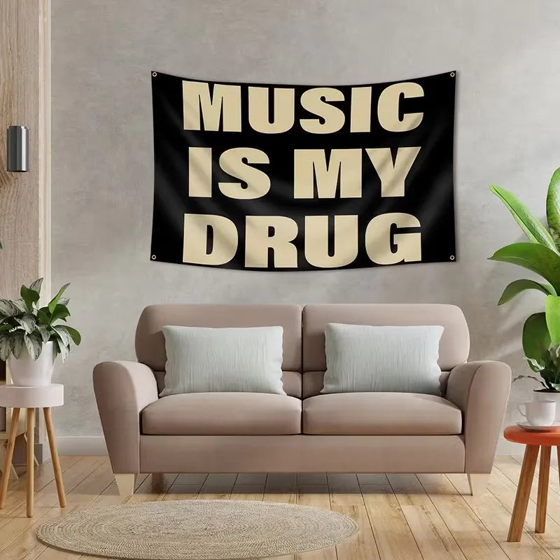 1PC  Music Is My Drug quote tapestry, designed for music lovers, features a minimalist black and brown font, adding a trendy de
