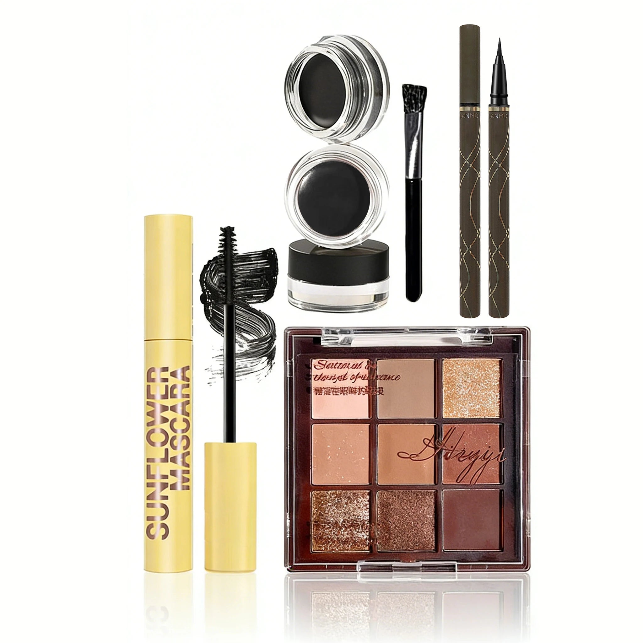 6-Pcs Eye Makeup Set:3D Eyebrow Styling Wild+Liquid Eyeliner+Slim Volume Mascara+9-Color Eyeshadow Palette Easy to Apply Unisex