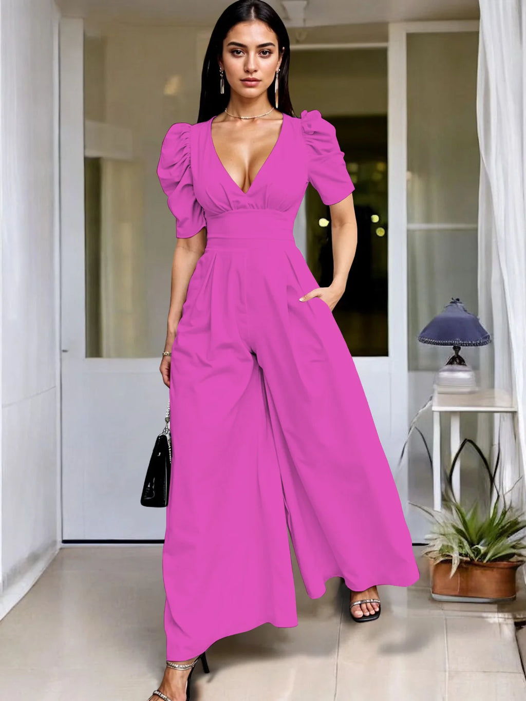 Wide Leg Jumpsuit V Neck Puff Sleeve Casual for Women