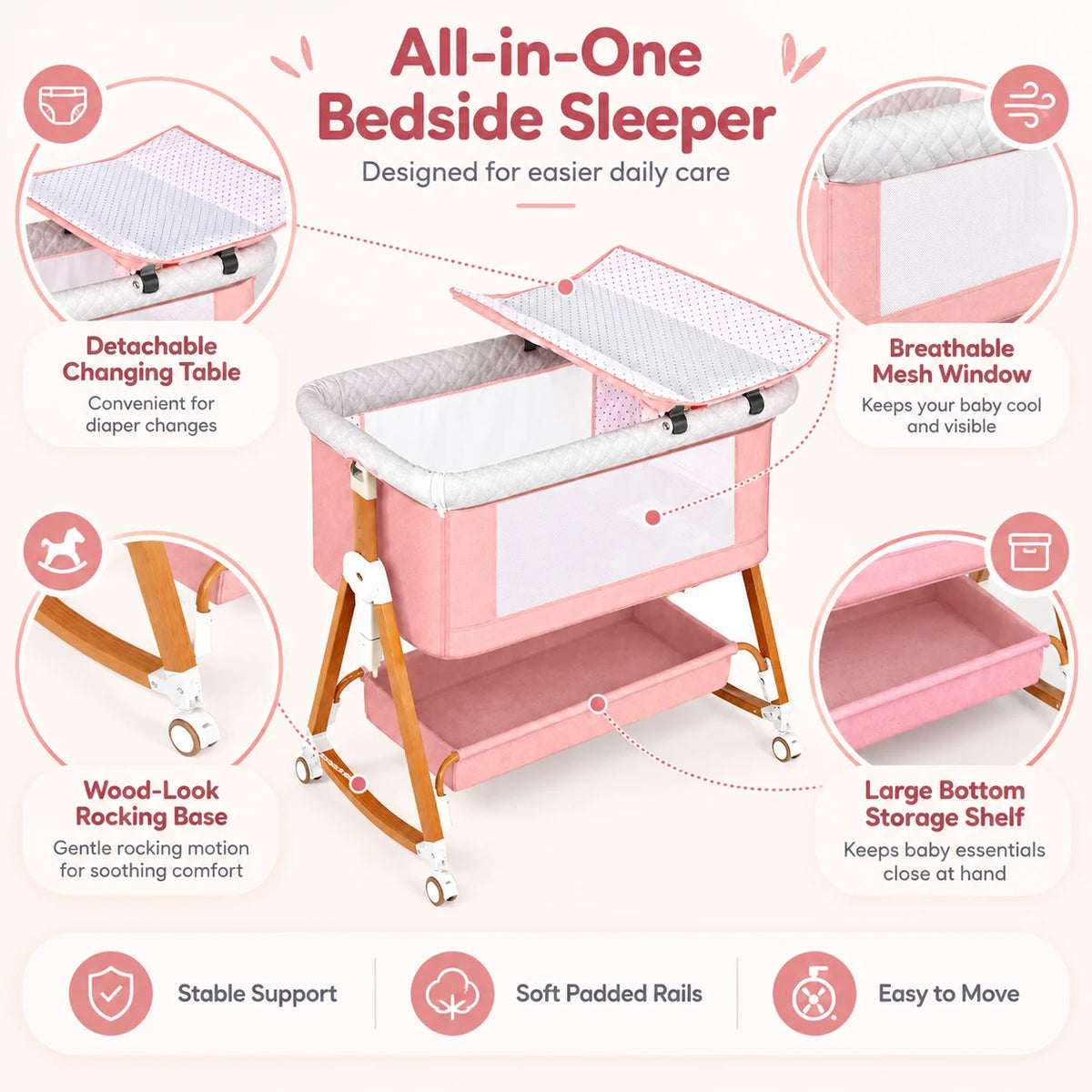 Kmaier Baby Bassinet Foldable Portable Bedside Crib,With Removable Changing Station,Storage Basket Breathable Mesh& Lockable Wheels,Pink Dark Grey