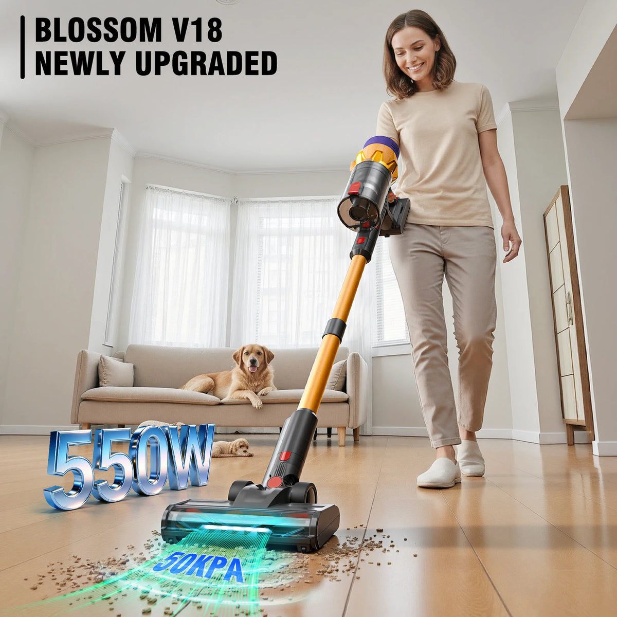 Blossom V18 Cordless Vacuum Cleaner, 550W 45KPA 55Mins Cordless Stick Vacuum Cleaner with Touch Screen, 6 Lbs Very Lightweight