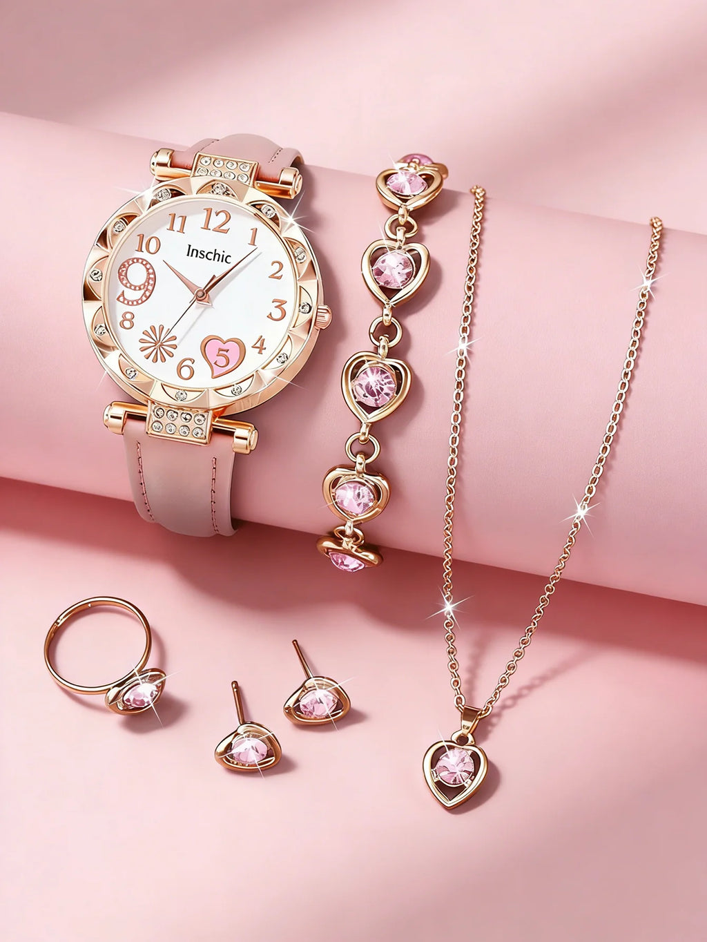 Women's Quartz Watch and Set of Inlaid Jewelry, Gift with Heart-Shaped Design, Does Not Include the Box