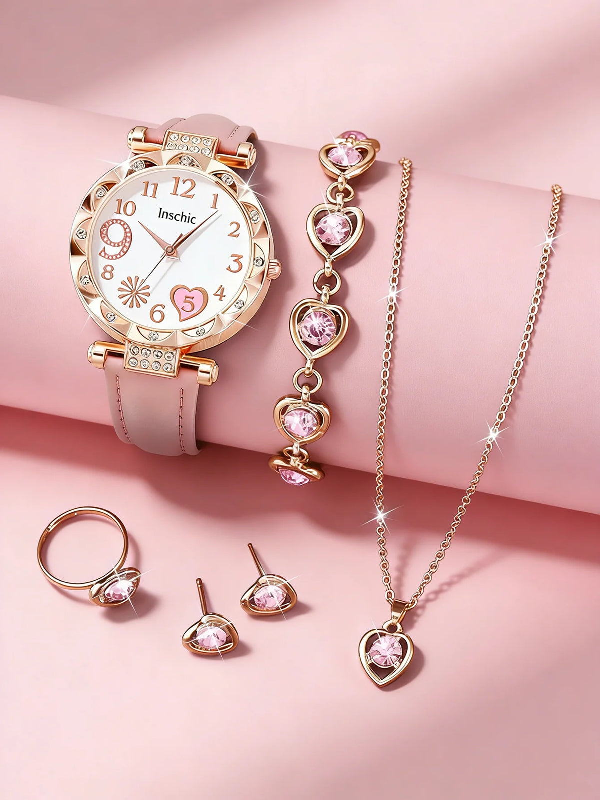 Women's Quartz Watch and Set of Inlaid Jewelry, Gift with Heart-Shaped Design, Does Not Include the Box