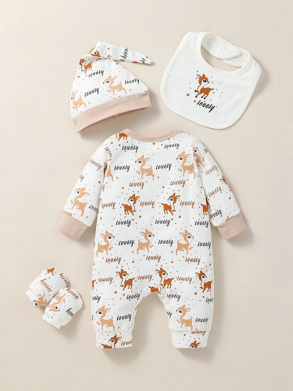 4PCS Baby Unisex Long Sleeve Round Neck Animal Print With Button Casual Jumpsuit +Bib+Hat+Gloves