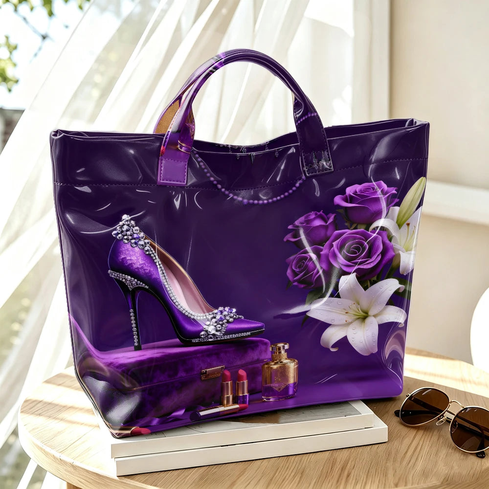 1pc Retro Purple High-Heeled Shoes Floral Print Tote Bag, Exquisite and Elegant Pattern Handbag, Artistic Handbag with Atmosphere, Practical and Versatile Storage Tote Bag for Large-Capacity Shopping and Commuting.