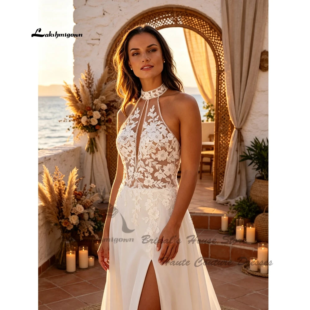 Lakshmigown Halter Beach Wedding Dress 2027 Backless Floral Lace Chiffon Slit A Line Bohemian Beach Bridal Gowns Customized