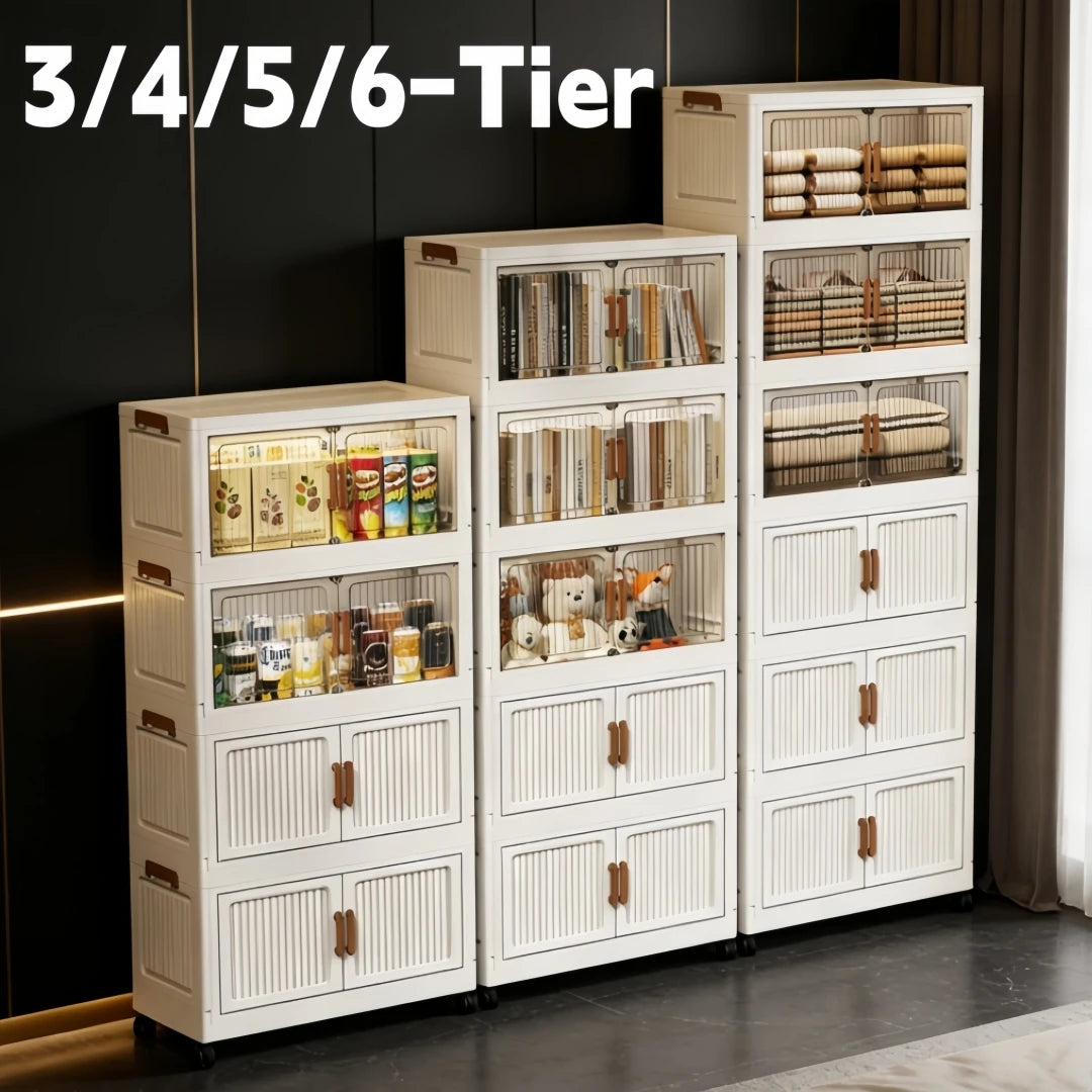 3/4/5/6-layer white plastic storage bins, foldable and stackable, with double doors, handles, and lockable wheels, see-through for easy storage, perfect for bedrooms, closets, and the living room