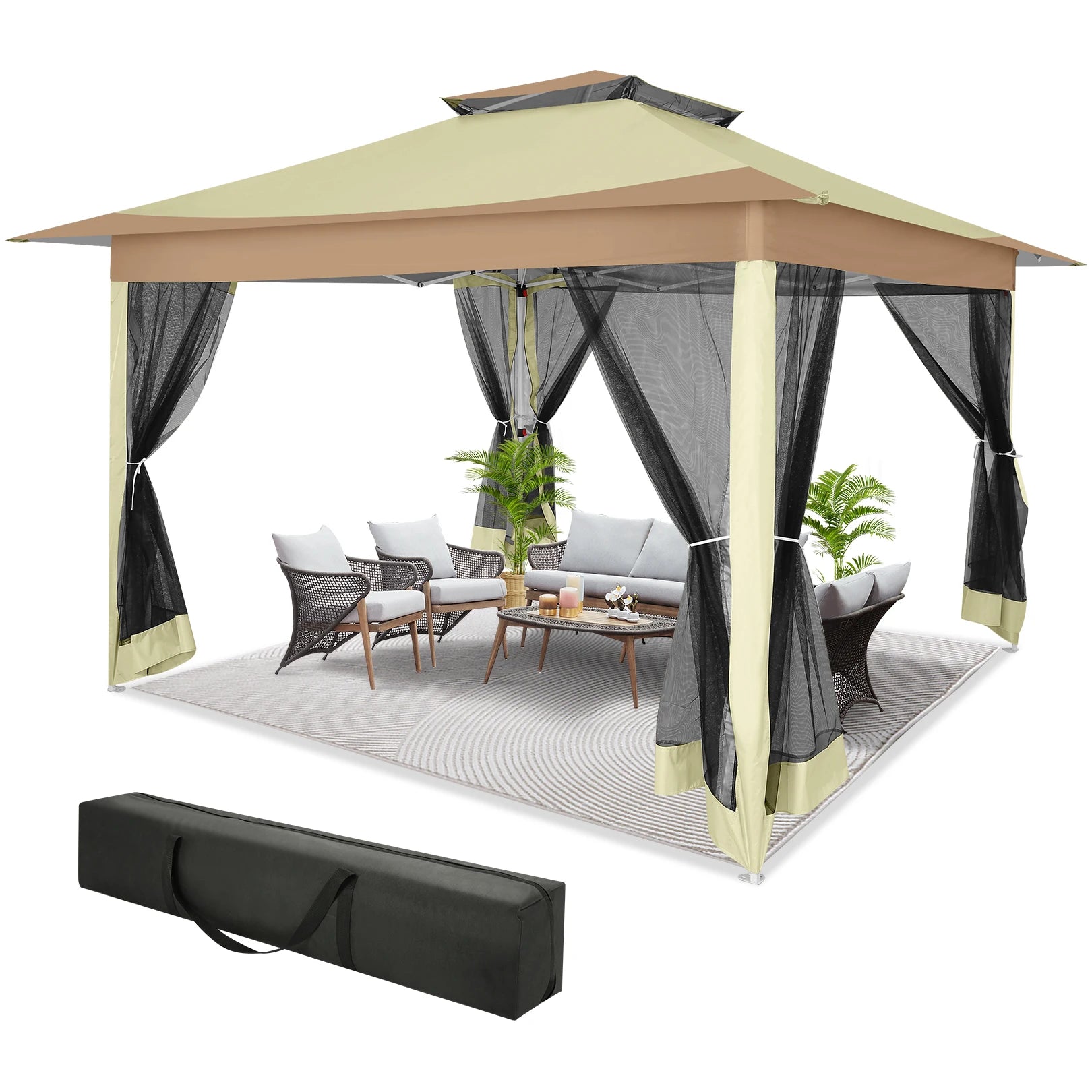 12x12ft Pop Up Gazebo Canopy Tent Easy Set Up Outdoor Portable Pavilion Sunshade Shelter With Mosquito Nettings & Sidewalls Double Vented Roof And Carry Bag For Patio Garden Lawn 3 Height Adjustable