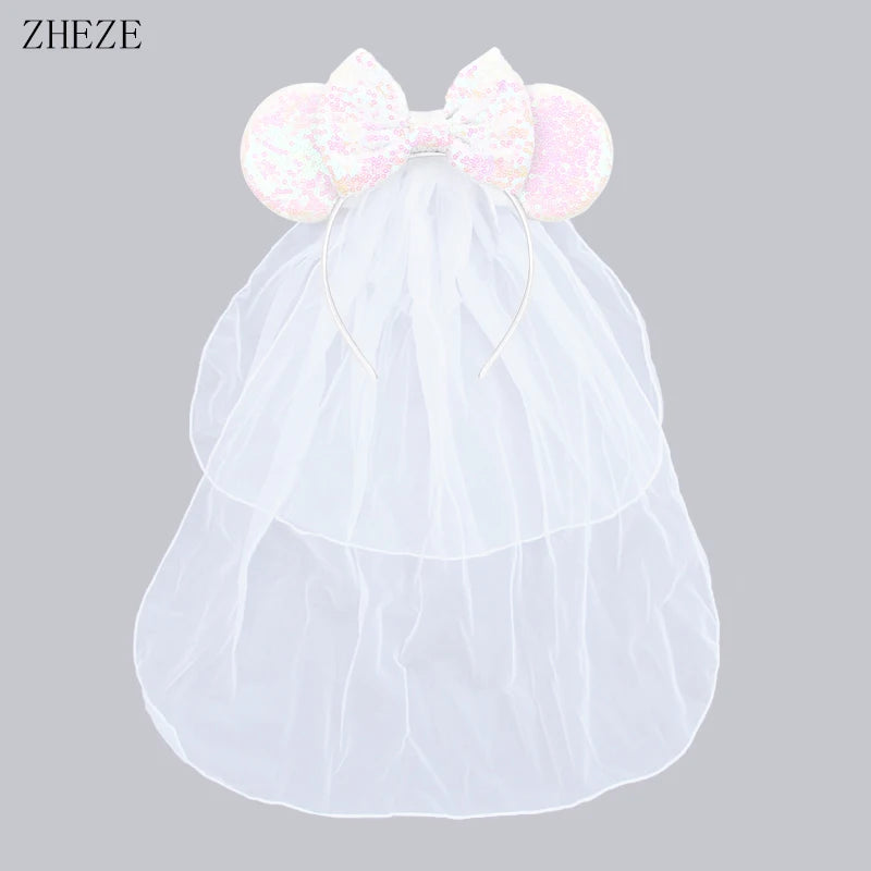 White Day Mouse Ears Headband With Veil Sequins 5"Bow Headwear For Women Festival Hairband Single Party DIY Hair Accessories