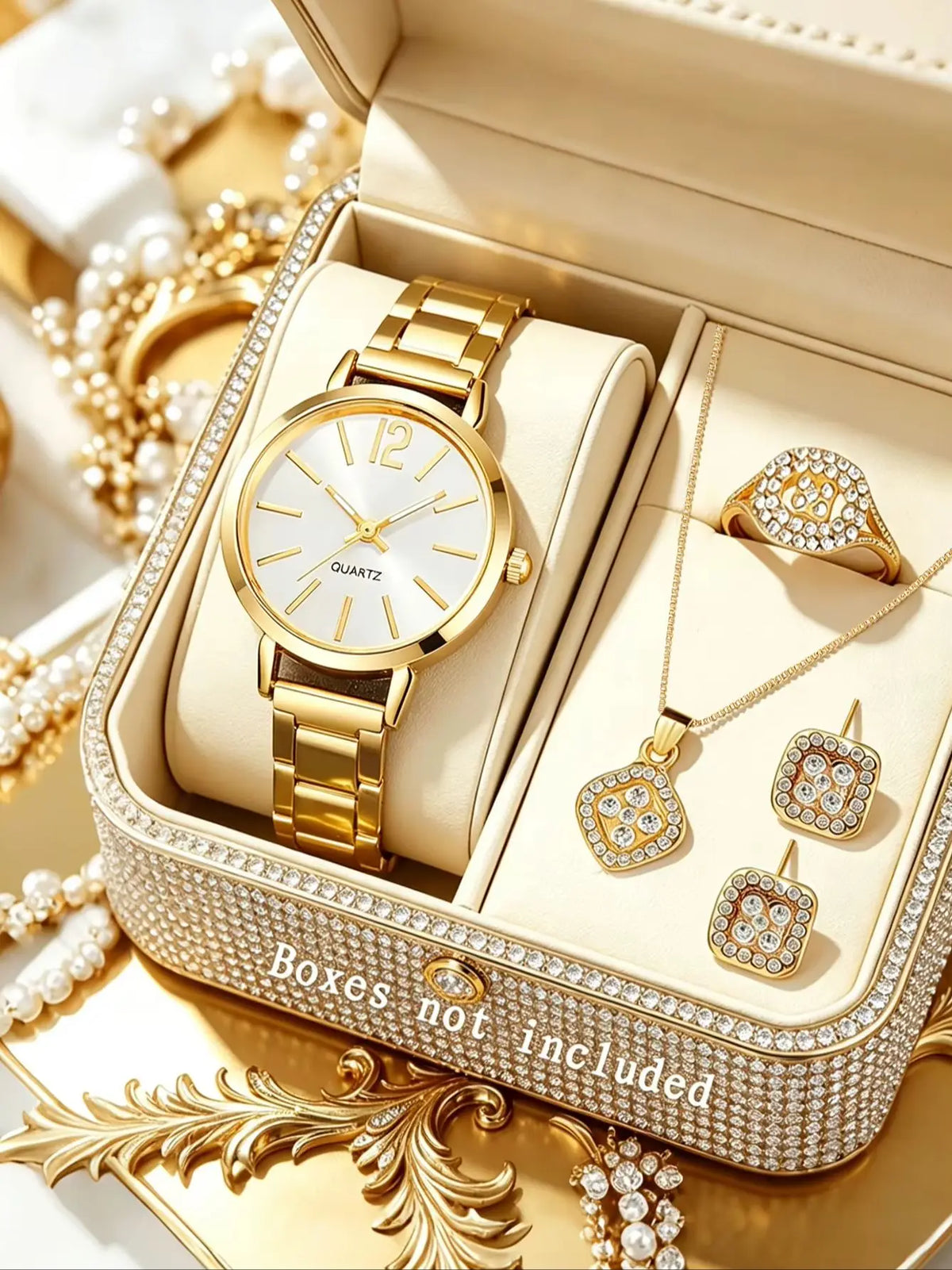 Casual Fashion  rounded Quartz Watch And Hollow Jewelry Set wi Steel Strap Birthday Gift No Box