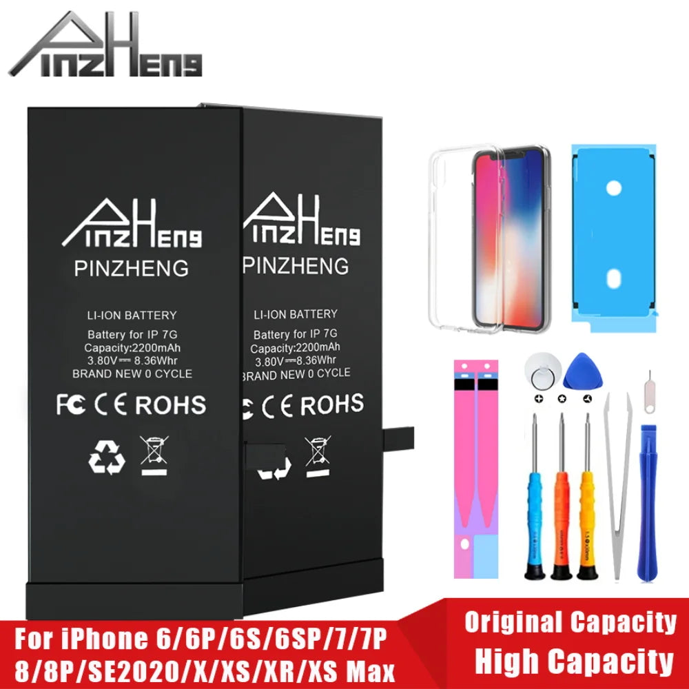 PINZHENG Real High Capacity Battery For iPhone 8 SE2020 6 6S 7 8Plus X Xs Max Xr Phone Replacement Batteries Warranty One Year