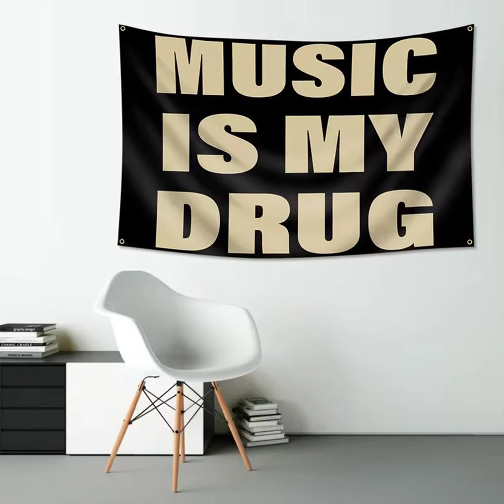 1PC  Music Is My Drug quote tapestry, designed for music lovers, features a minimalist black and brown font, adding a trendy de