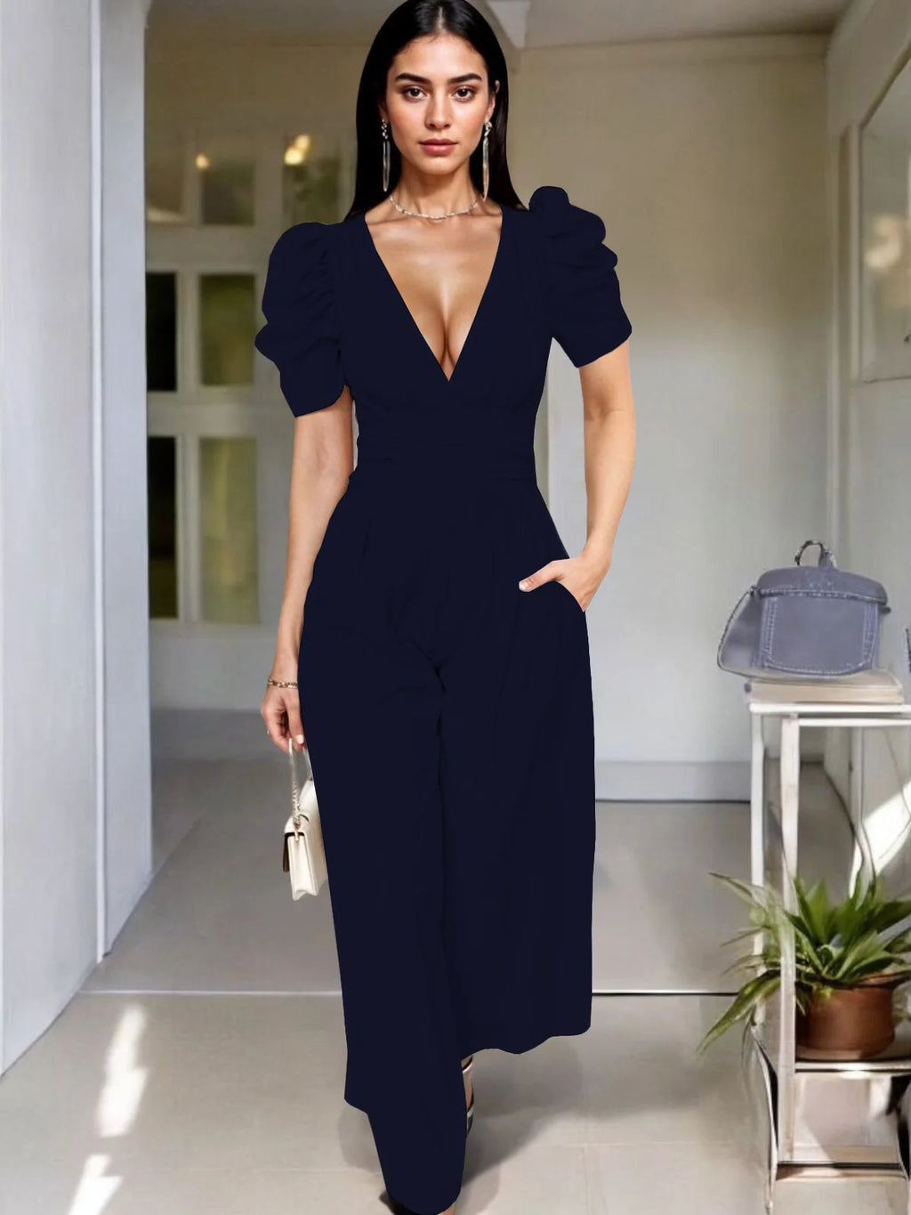 Wide Leg Jumpsuit V Neck Puff Sleeve Casual for Women