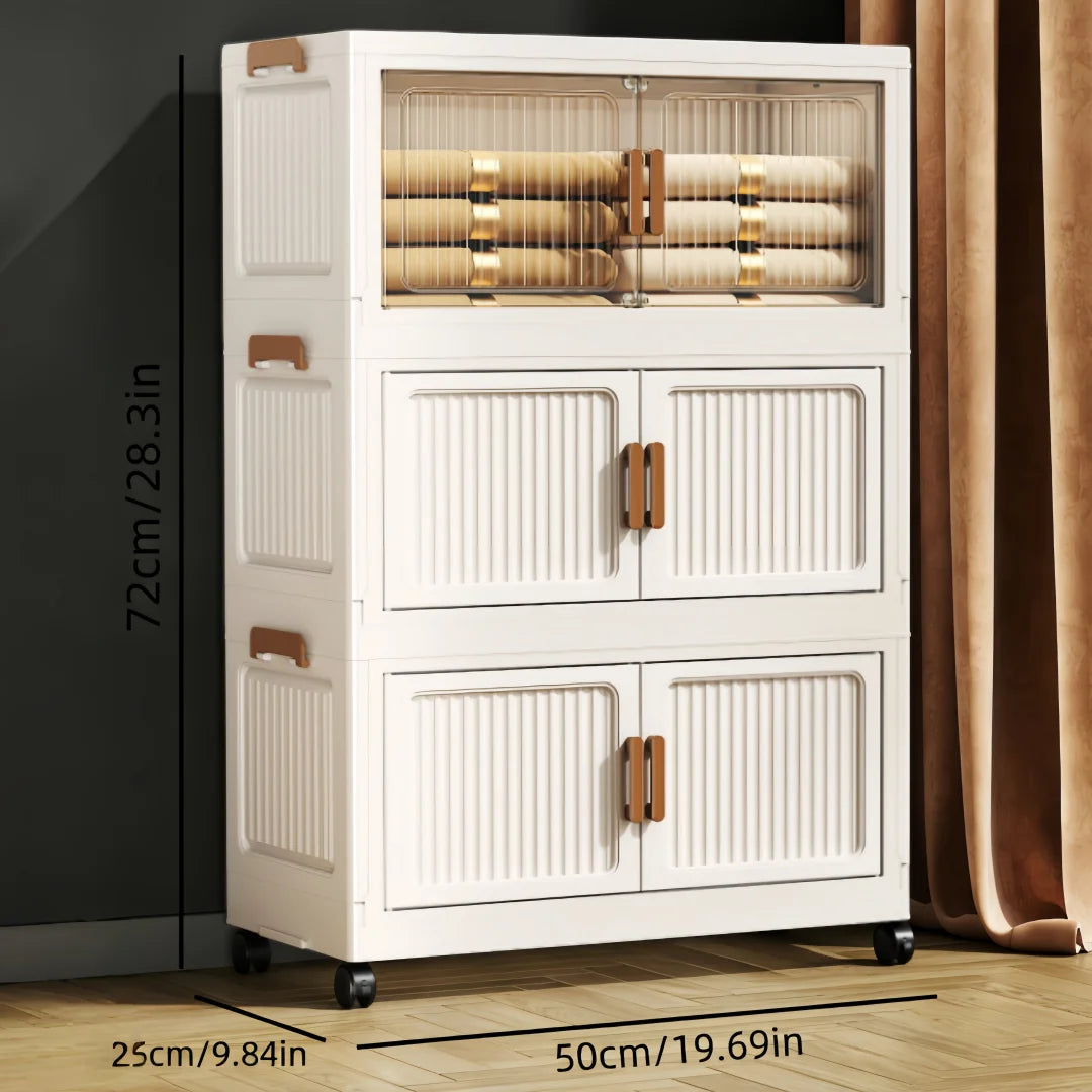 3/4/5/6-layer white plastic storage bins, foldable and stackable, with double doors, handles, and lockable wheels, see-through for easy storage, perfect for bedrooms, closets, and the living room