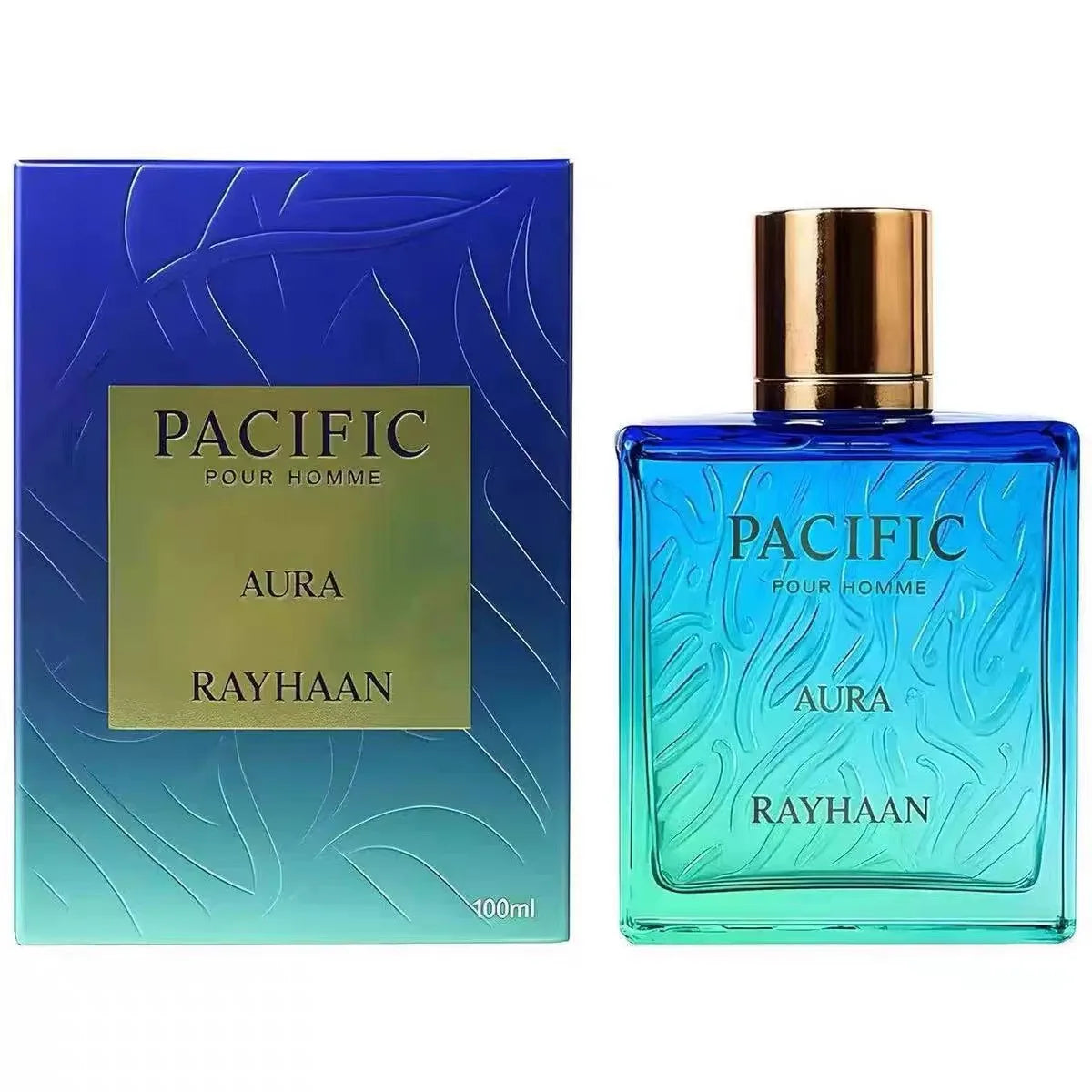 Rayhaan Pacific Aura Pour Homme Men's perfume Aquatic citrus fragrance, 3.4oz100ml, gradual blue-green ripple bottle body, visual sense of sea breeze