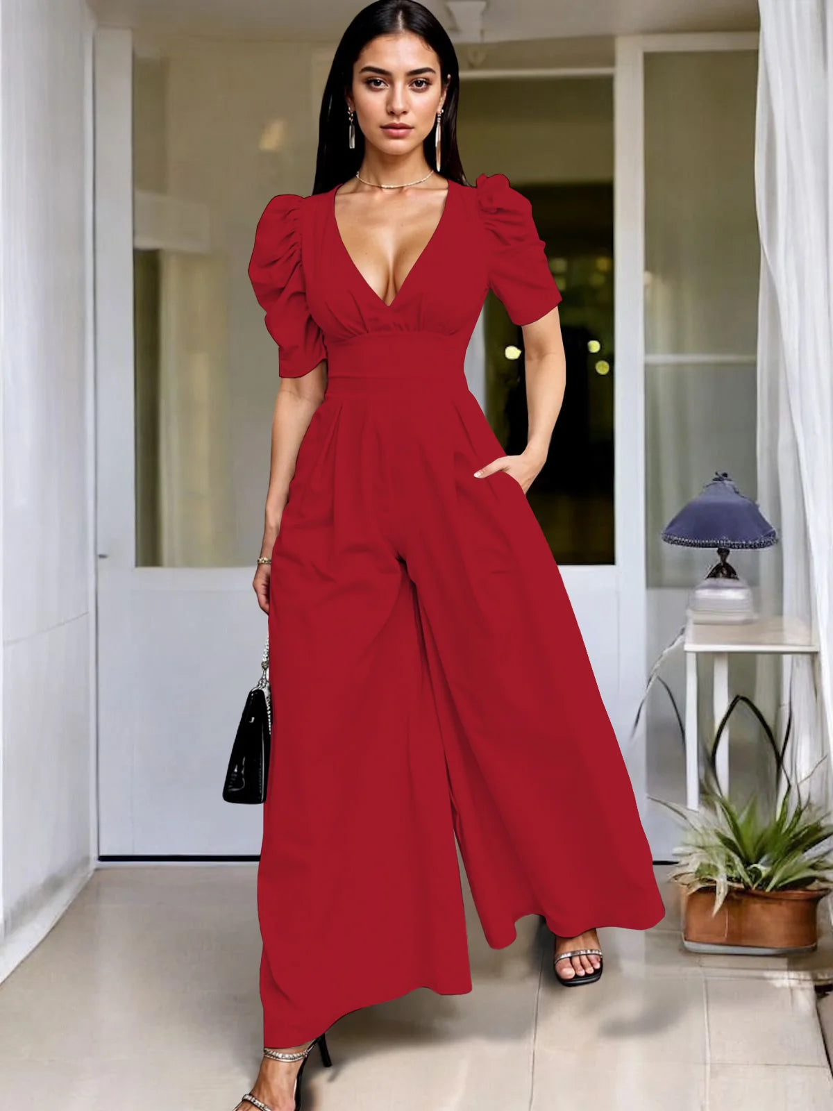 Wide Leg Jumpsuit V Neck Puff Sleeve Casual for Women