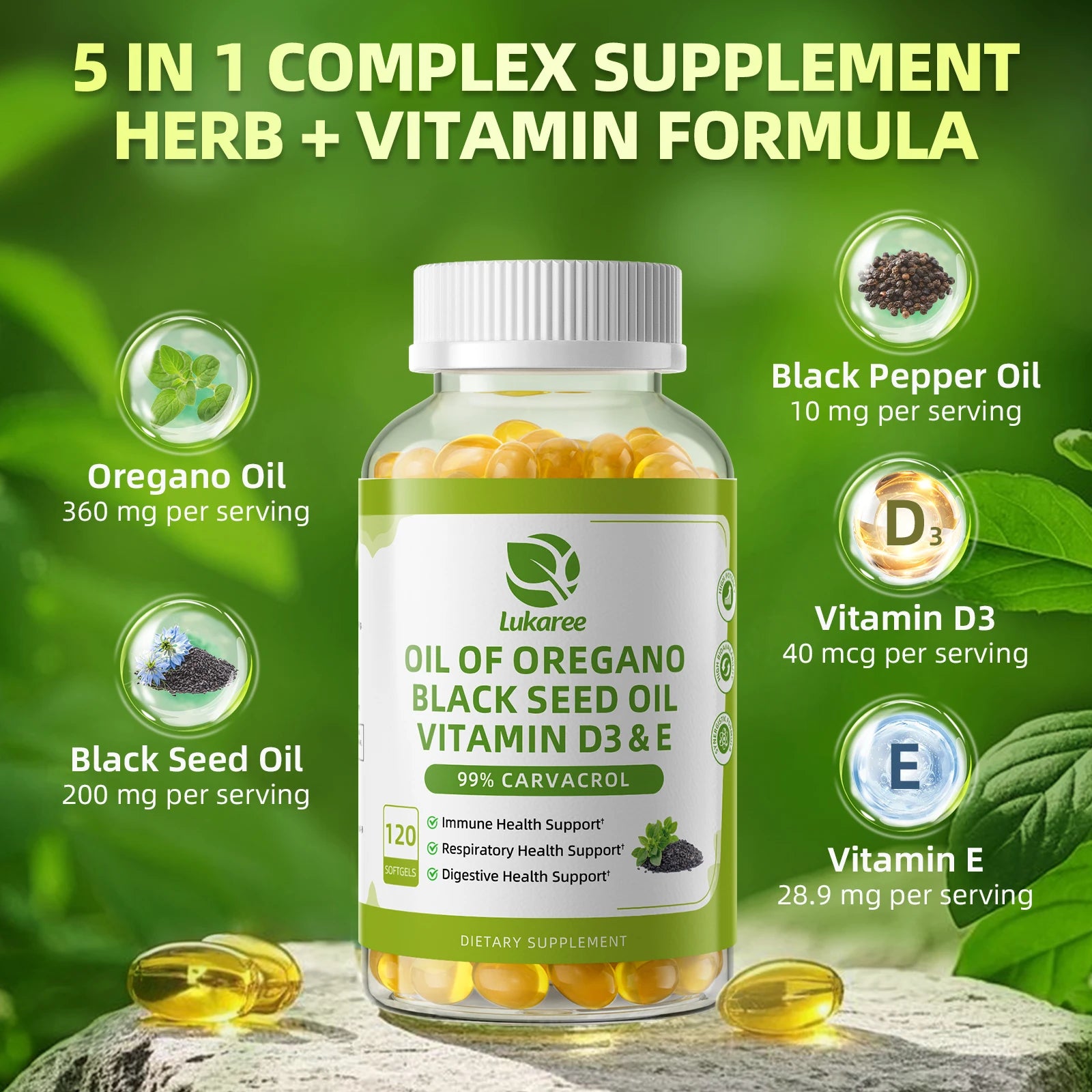 LUKAREE Oregano Oil Capsules with Black Seed Oil,Garlic Oil,Vitamin D3 E for Antioxidant,Immune & Digestive Support Non GMO