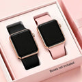2-Piece Set, Silicone Strap Electronic Watch Set, Black+Pink, Couple's Watch, Square Dial, Digital Display, Casual Everyday Wear.