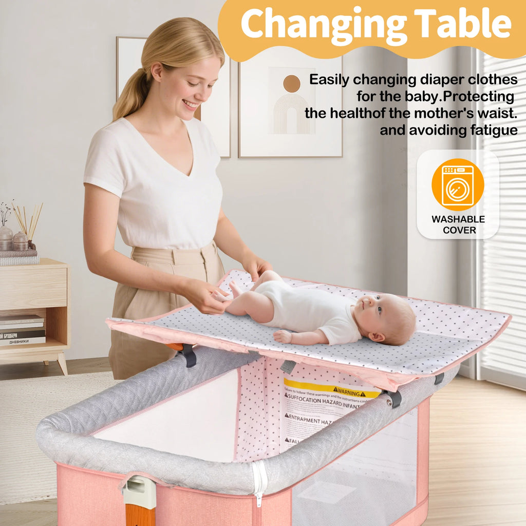Kmaier Baby Bassinet Foldable Portable Bedside Crib,With Removable Changing Station,Storage Basket Breathable Mesh& Lockable Wheels,Pink Dark Grey