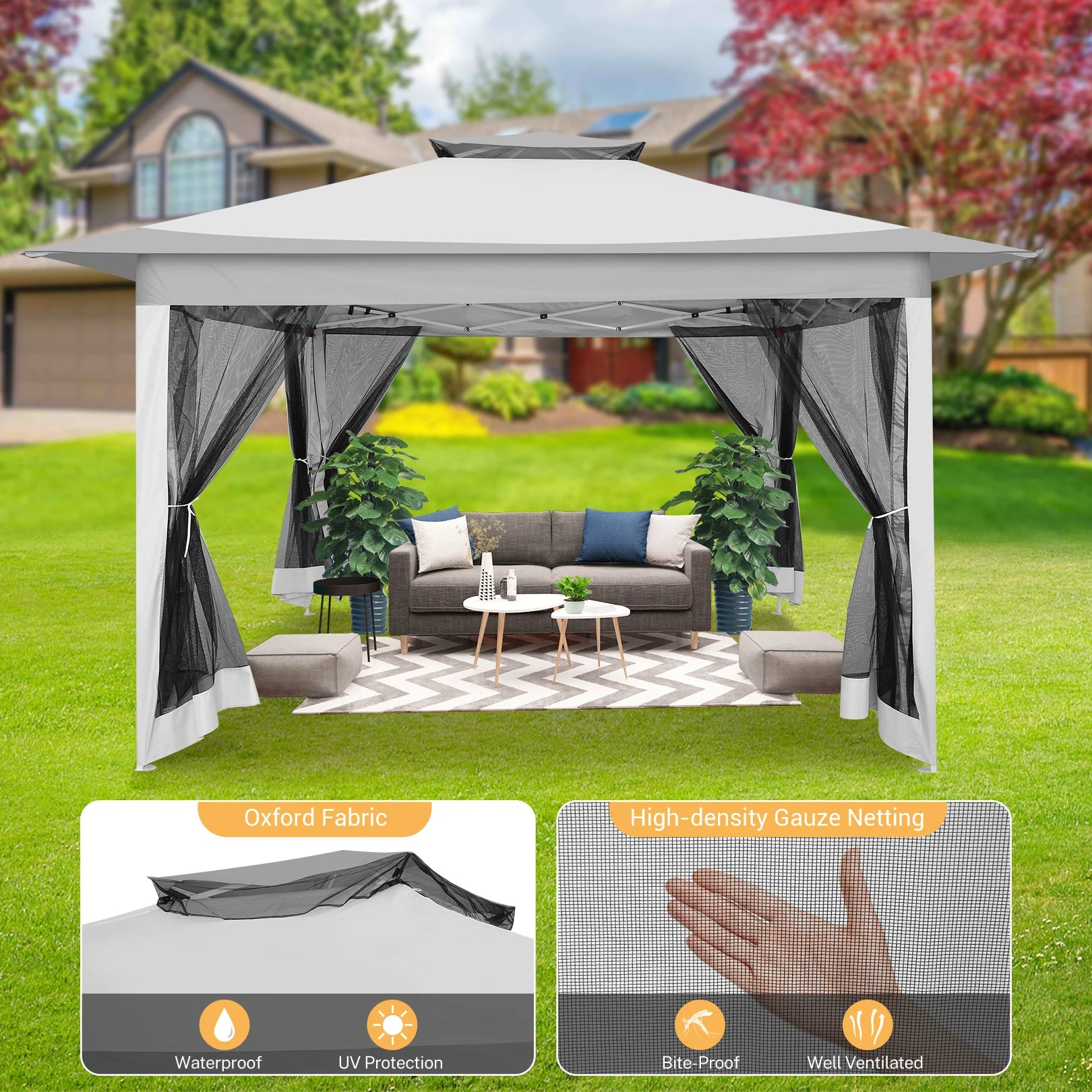 12x12ft Pop Up Gazebo Canopy Tent Easy Set Up Outdoor Portable Pavilion Sunshade Shelter With Mosquito Nettings & Sidewalls Double Vented Roof And Carry Bag For Patio Garden Lawn 3 Height Adjustable