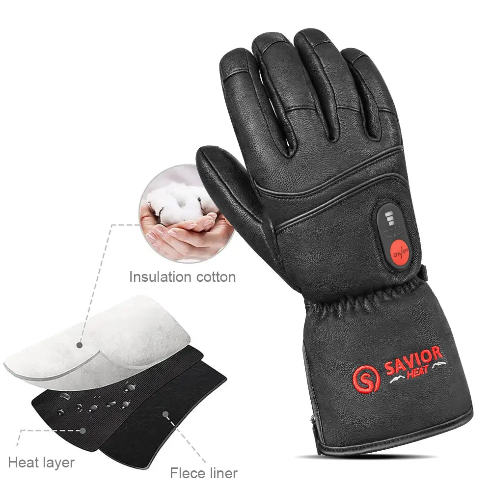 SAVIOR HEAT Electric Heated Leather Gloves Rechargeable Battery Waterproof Heated Gloves for Men Women Cycling Ski Thermal Warm
