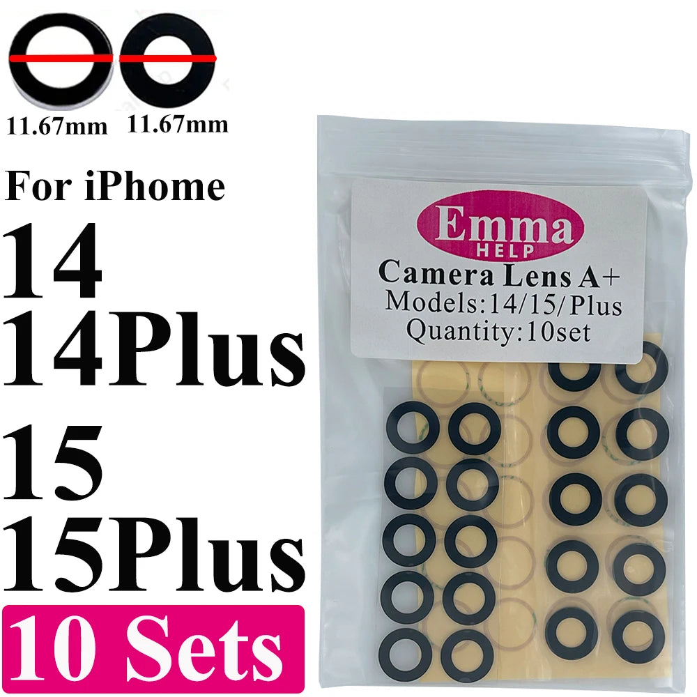 EmmaHelp 10set Back Camera Glass for iPhone 15 14 13 12 16 17 Pro Max Rear Camera Lens Cover Replacement Sticker A+