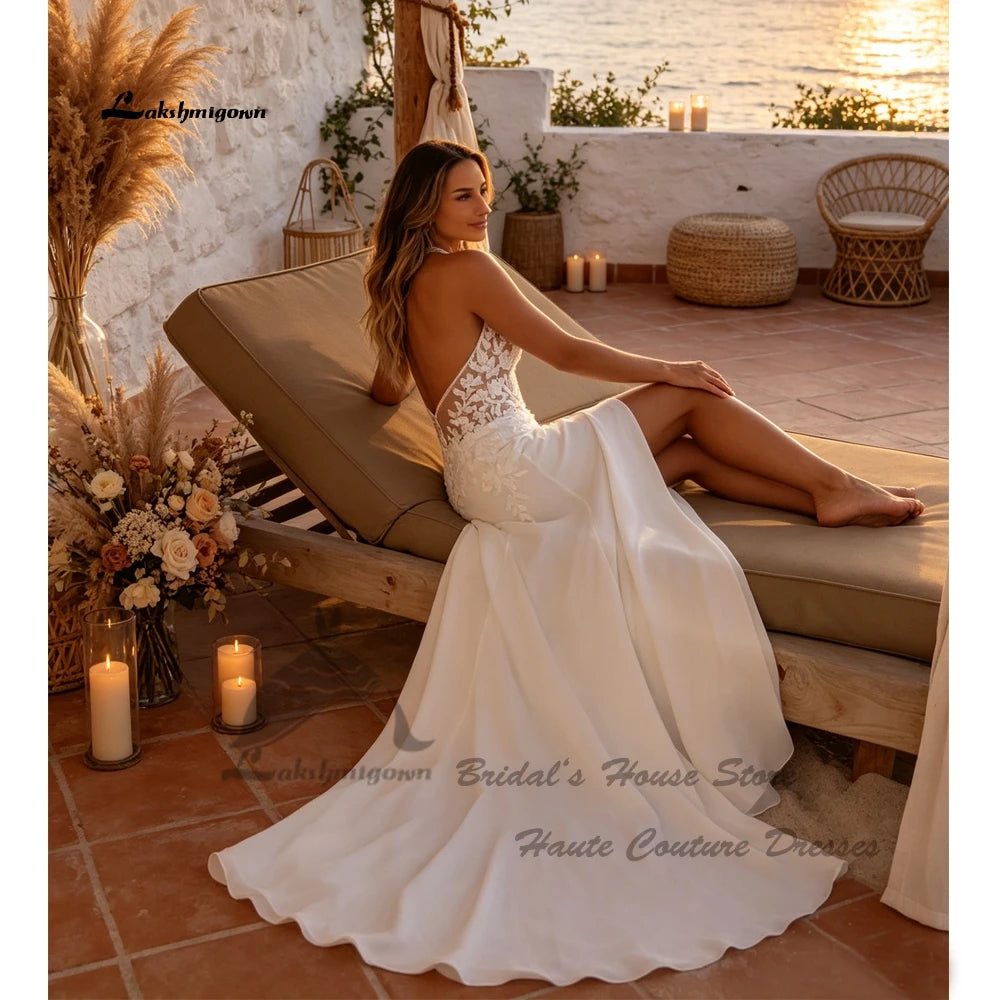 Lakshmigown Halter Beach Wedding Dress 2027 Backless Floral Lace Chiffon Slit A Line Bohemian Beach Bridal Gowns Customized