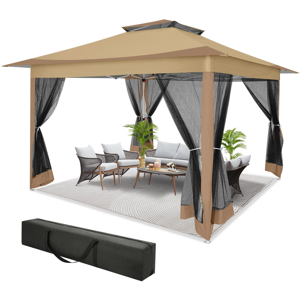 12x12ft Pop Up Gazebo Canopy Tent Easy Set Up Outdoor Portable Pavilion Sunshade Shelter With Mosquito Nettings & Sidewalls Double Vented Roof And Carry Bag For Patio Garden Lawn 3 Height Adjustable