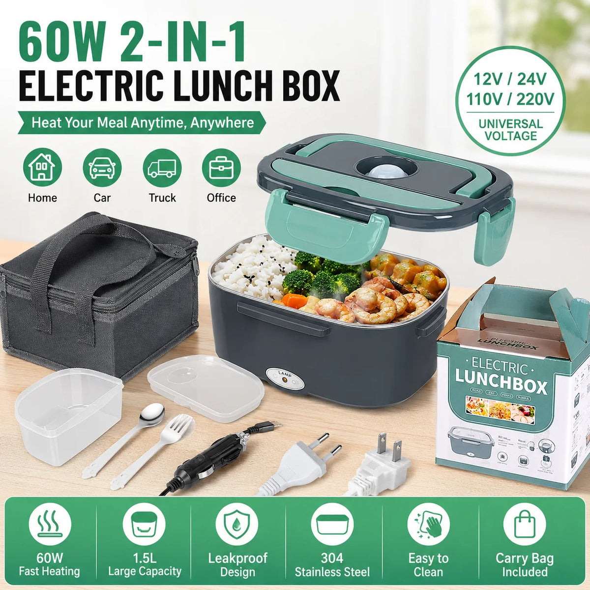 1.5L Stainless Steel Electric Food Warmer Lunch Box, 4-Voltage Universal Portable Heated Container, Compatible with Car 12V/24V & Household 110V/220V, Dual-Use Car & Home Food Heater