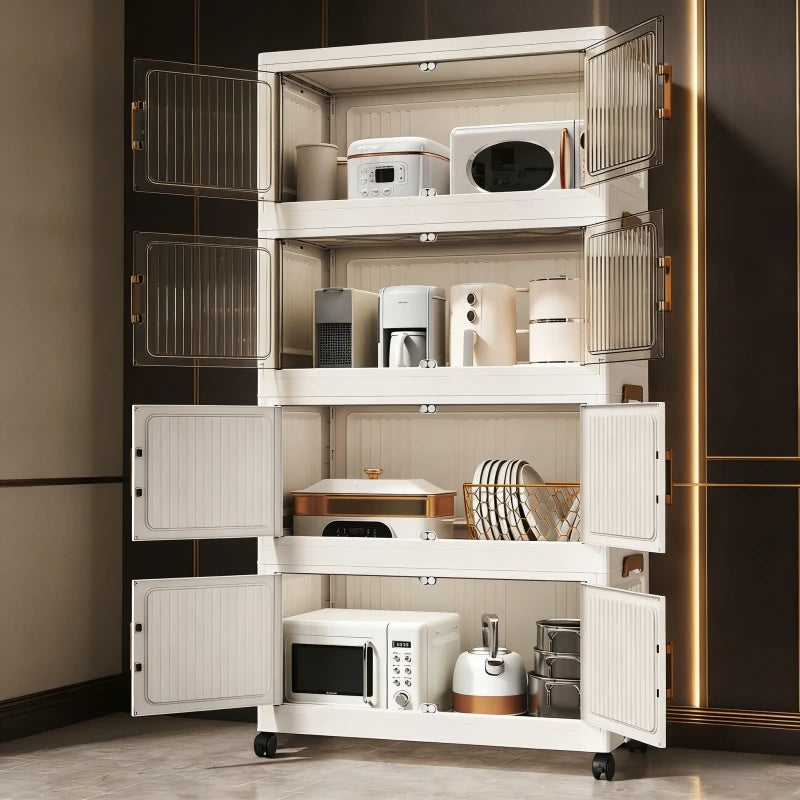 3/4/5/6-layer white plastic storage bins, foldable and stackable, with double doors, handles, and lockable wheels, see-through for easy storage, perfect for bedrooms, closets, and the living room