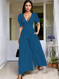 Wide Leg Jumpsuit V Neck Puff Sleeve Casual for Women