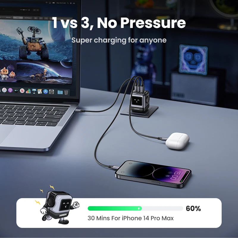 【US Plug】UGREEN 65W 30W GaN Charger Robot Design PD3.0 Fast Charger QC4.0 3.0 PPS for iPhone 18 17 16 Pro Macbook Laptop Table