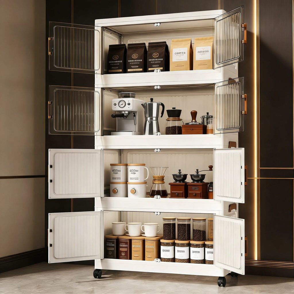 3/4/5/6-layer white plastic storage bins, foldable and stackable, with double doors, handles, and lockable wheels, see-through for easy storage, perfect for bedrooms, closets, and the living room