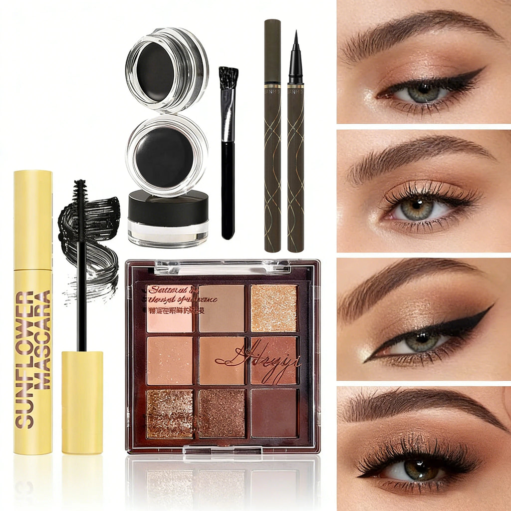 6-Pcs Eye Makeup Set:3D Eyebrow Styling Wild+Liquid Eyeliner+Slim Volume Mascara+9-Color Eyeshadow Palette Easy to Apply Unisex