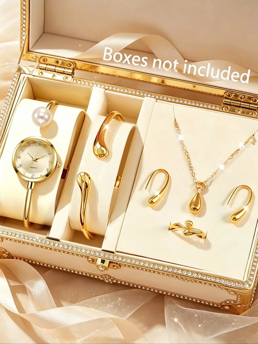 6-Piece Set, Elegant and Compact Bracelet Watch Set with Water Drop Bracelet, Necklace, Earrings, and Ring Set, Fashionable and Versatile, Is a Beautiful Accessory for Parties, Banquets, Dates, and Shopping, and Is Also a Gre