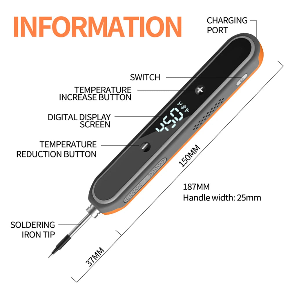 8–15W USB Digital Smart Soldering Iron, Wireless Temperature-Adjustable Mini Soldering Iron Set, Type-C Connector, 180–450°C
