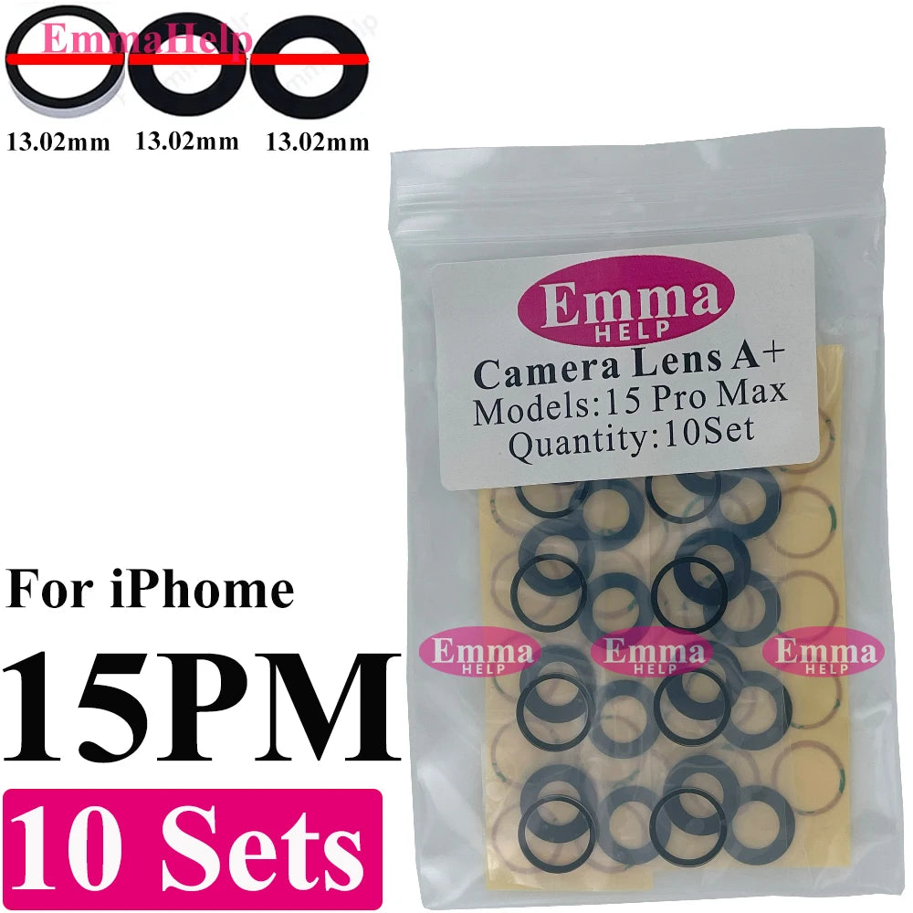 EmmaHelp 10set Back Camera Glass for iPhone 15 14 13 12 16 17 Pro Max Rear Camera Lens Cover Replacement Sticker A+