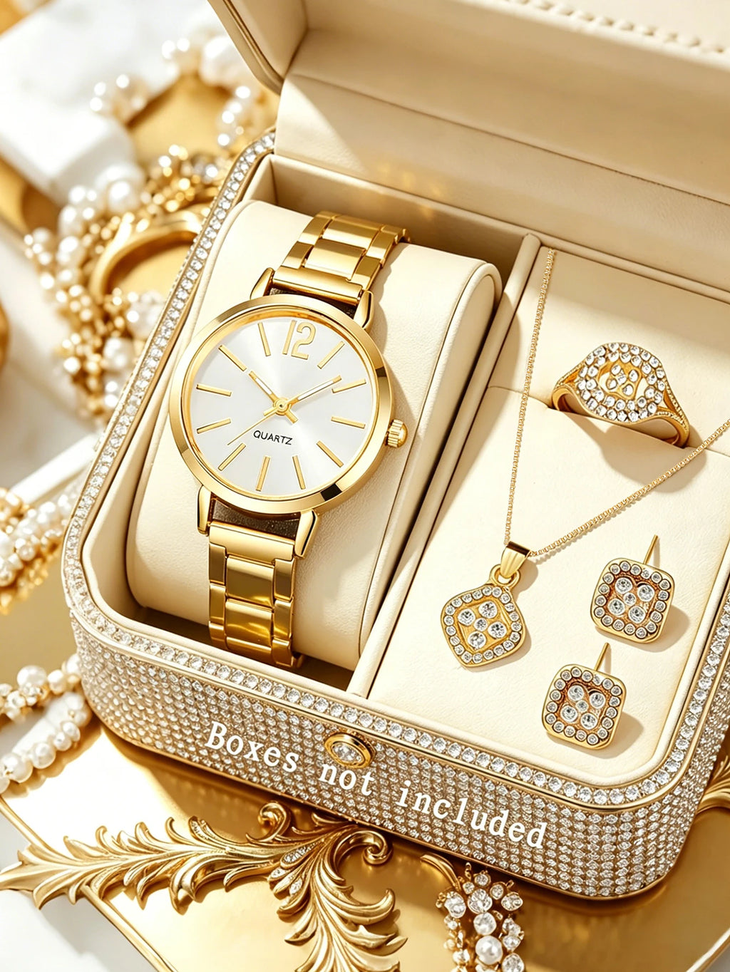 Casual Fashion  rounded Quartz Watch And Hollow Jewelry Set wi Steel Strap Birthday Gift No Box