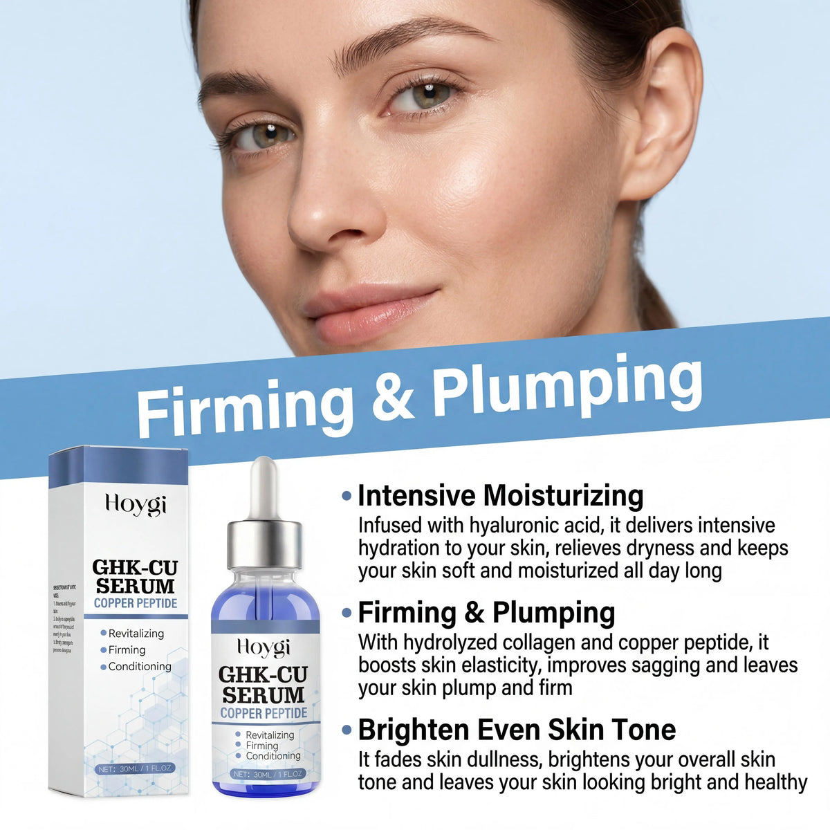 Hoygi Ghk-Cu Copper Peptide Face Serum Hyaluronic Acid Barrier Repair Brightening Effect Instant Hydration Skin Firming Anti-Wrinkle Fade Fine Lines Shrink Pores Facial Skin Care