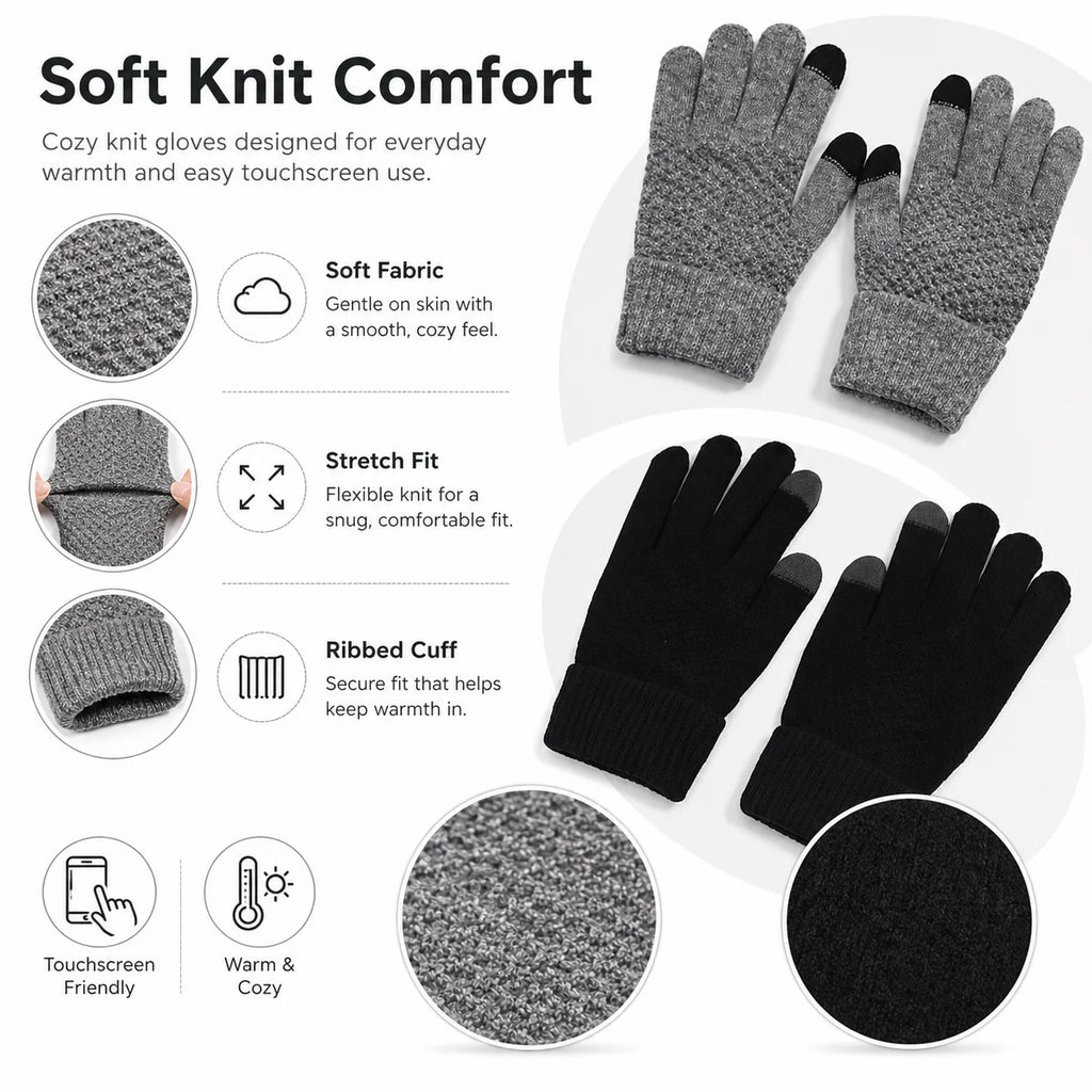 Knit Touchscreen Gloves for Women Men, Soft Warm Winter Gloves with Stretch Fit, Texting Fingertips for Daily Wear, Gray Black