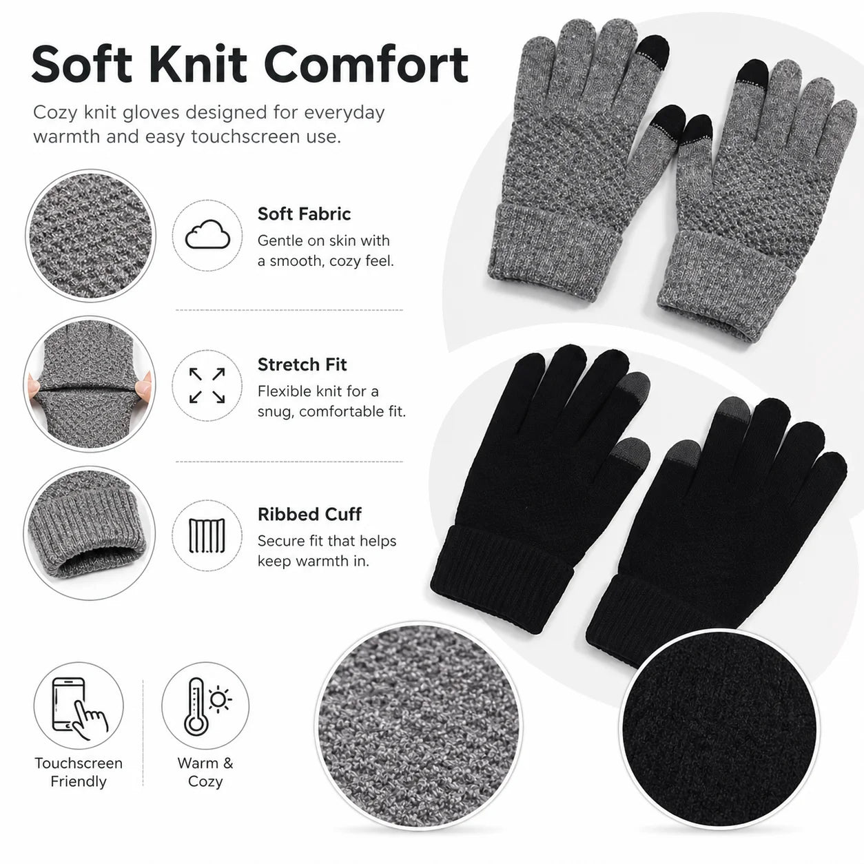 Knit Touchscreen Gloves for Women Men, Soft Warm Winter Gloves with Stretch Fit, Texting Fingertips for Daily Wear, Gray Black