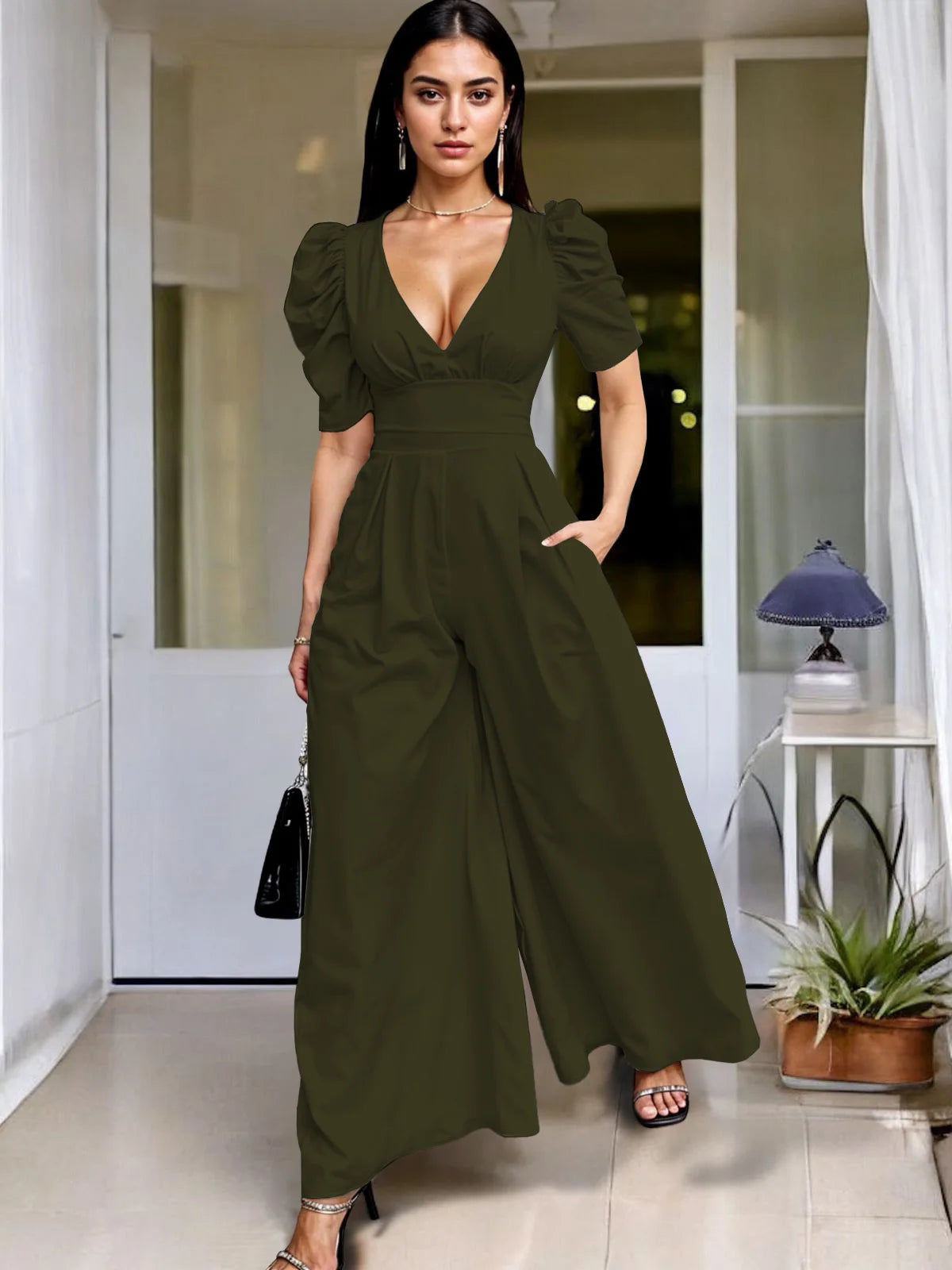 Wide Leg Jumpsuit V Neck Puff Sleeve Casual for Women